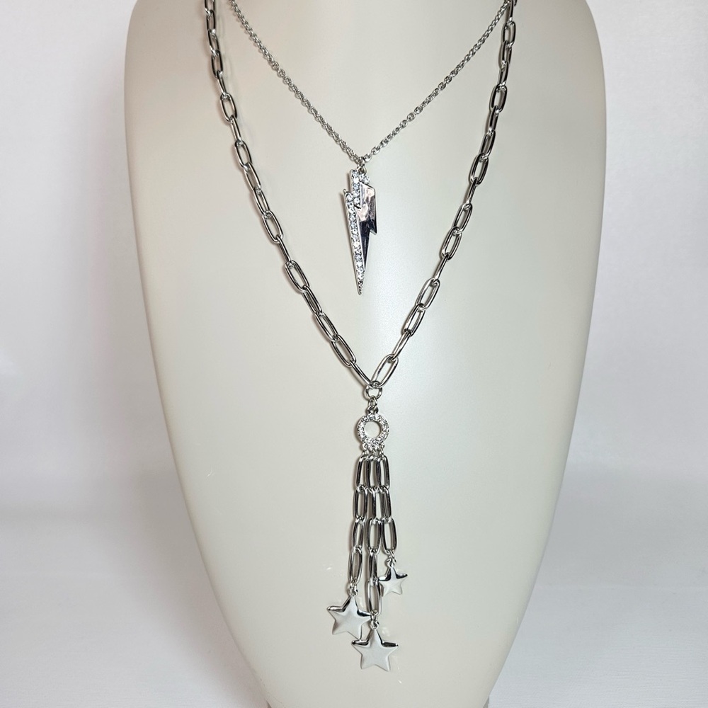 Christian Siriano Lighting Bolt Stars Chain Rockstar Necklace Silver Tone